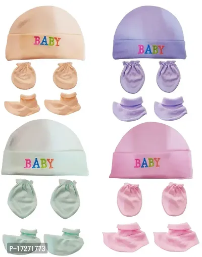 GOURAVSUMANA New Born Baby Cotton Cap Mittens Booties Set (Blue, Pink, Green, Peach; 0-3 Months) Pack of 4-thumb0