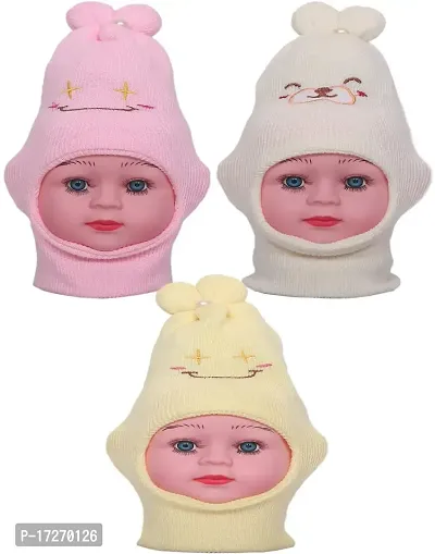 GOURAVSUMANA Baby Winter Warm Soft Kids Woolen Cap Girl's (Blue Pink Yellow; Pack of 3)