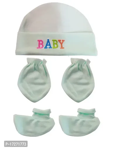 GOURAVSUMANA New Born Baby Cotton Cap Mittens Booties Set (Blue, Pink, Green, Peach; 0-3 Months) Pack of 4-thumb5