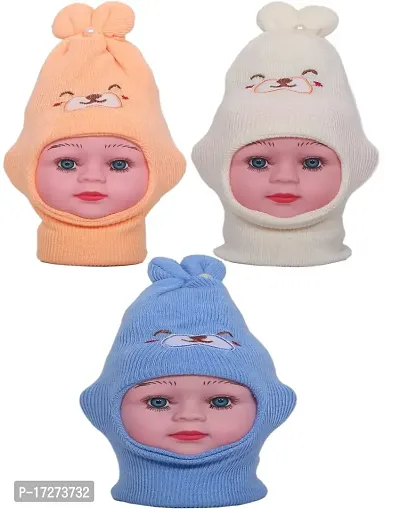GOURAVSUMANA Baby Girl's  Baby Boys Soft Woolen Winter Warm Kids Monkey Cap (Multicolor; Pack of 3) (6-9 Months)
