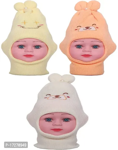 GOURAVSUMANA Baby Boy's  Baby Girl's Soft Woolen Winter Warm Kids Monkey Cap(Multicolor; Pack of 3) (0-3 Months)