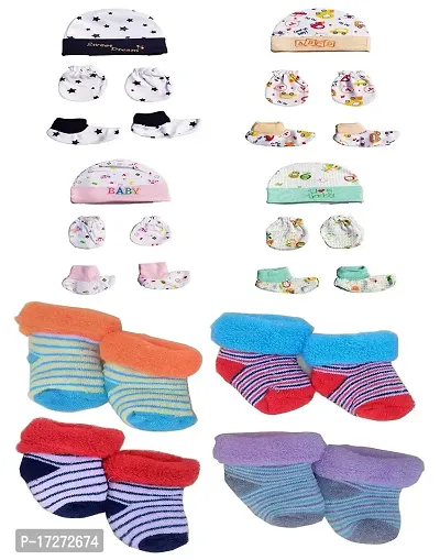 Gouravsumana New Born Baby Soft Cotton Socks Mittens Booties Cap Set (0-3 Months, Multicolor 3)