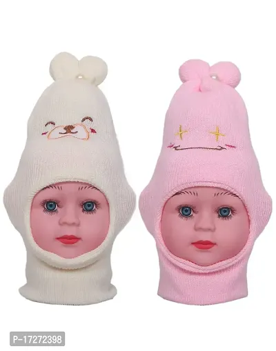 GOURAVSUMANA Baby Winter Warm Soft Kids Woolen Cap Boys  Girl's (Magenta; White Pack of 2)