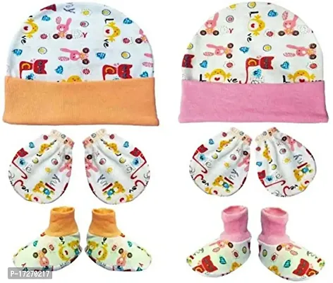 GOURAVSUMANA Soft Cotton Baby Boys  Baby Girl's Kids Cap Mittens Booties (Multicolor, Pack of 2)-thumb2