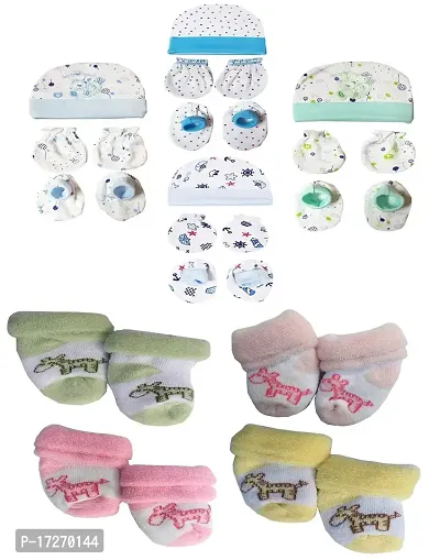 Gouravsumana New Born Baby Stylish Soft Cotton Socks Mittens Booties Cap Set Combo (0-3 Months, Multicolor 7)