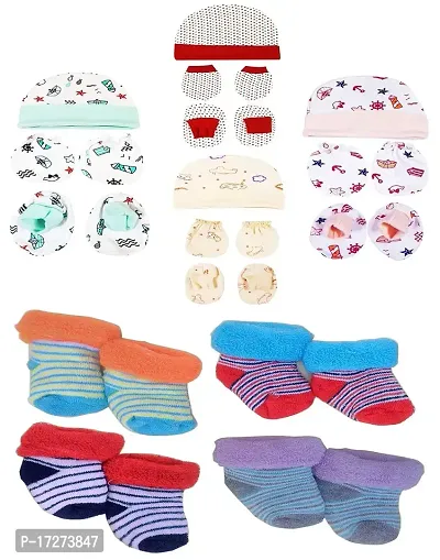 Gouravsumana New Born Baby Soft Cotton Mittens Booties Cap Socks Set (0-3 Months, Multicolor 3)