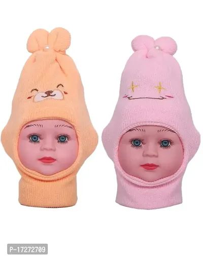 Gouravsumana Baby Winter Woolen Monkey Cap(Peach  Pink,) (0-3 Months)