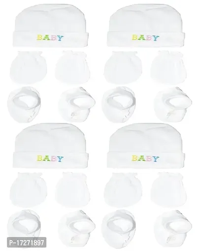 GOURAVSUMANA New Born Baby Cotton Caps Booties Mittens Combo Set (White, 0-3 Months) (0-3 Months, White 4)
