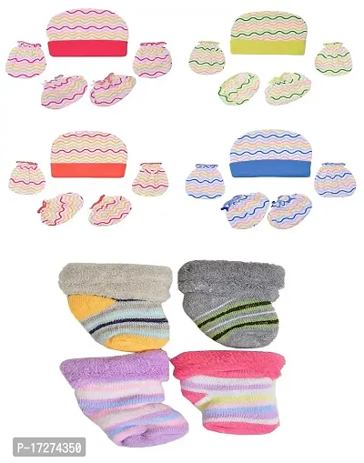 Gouravsumana New Born Baby Soft Cotton Stylish Mittens Booties Cap Socks Combo (0-3 Months, Multicolor 8)