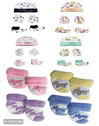Gouravsumana New Born Baby Soft Cotton Socks Mittens Booties Cap Set (0-3 Months, Multicolor 6)-thumb0