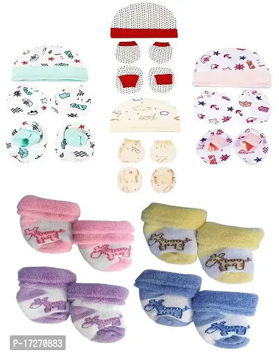 Gouravsumana New Born Baby Soft Cotton Mittens Booties Cap Socks Set (0-3 Months, Multicolor 6)