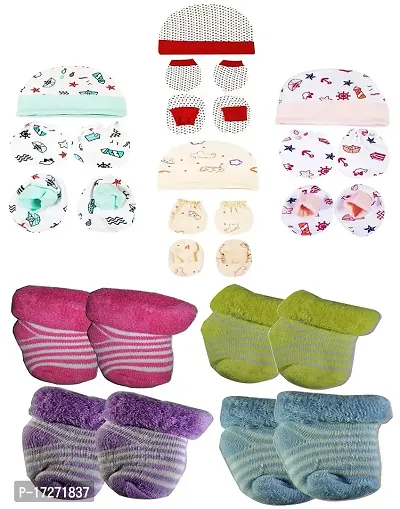 Gouravsumana New Born Baby Soft Cotton Mittens Booties Cap Socks Set (0-3 Months, Multicolor 9)