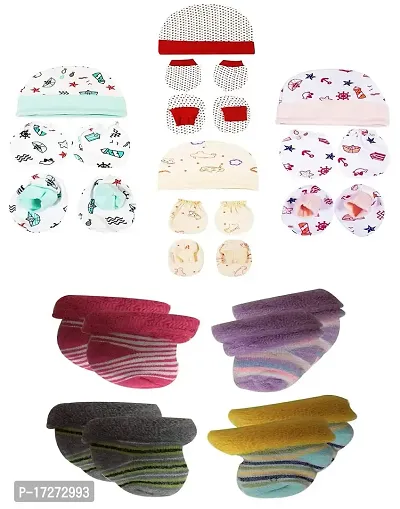 Gouravsumana New Born Baby Soft Cotton Mittens Booties Cap Socks Set (0-3 Months, Multicolor 1)