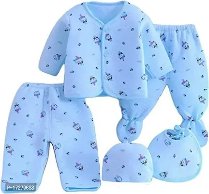 GOURAVSUMANA Newborn Baby Soft Feel Cotton Blend Top Pyjama with Cap and Bib Set for Born Babies for Winter (Blue, 0-3 Months)