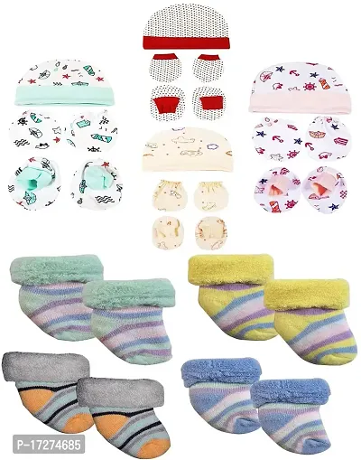 Gouravsumana New Born Baby Soft Cotton Mittens Booties Cap Socks Set (0-3 Months, Multicolor 7)