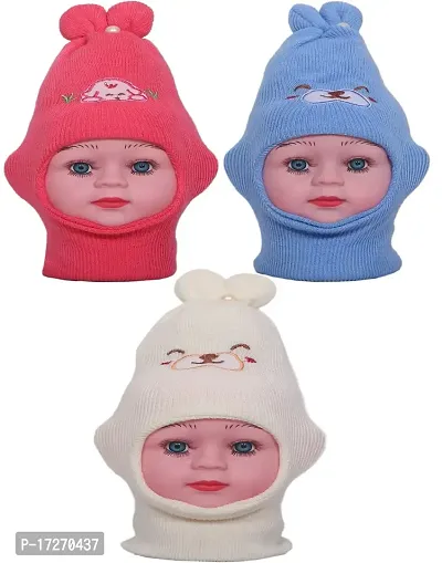GOURAVSUMANA Baby Boy's  Baby Girl's Soft Woolen Winter Warm Kids Cap (Multicolor; Pack of 3)
