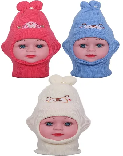 GOURAVSUMANA Baby Boy's Baby Girl's Soft Woolen Winter Warm Kids Cap (Multicolor; Pack of 3)