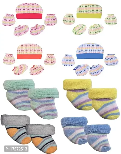 Gouravsumana New Born Baby Soft Cotton Stylish Mittens Booties Cap Socks Combo (0-3 Months, Multicolor 7)