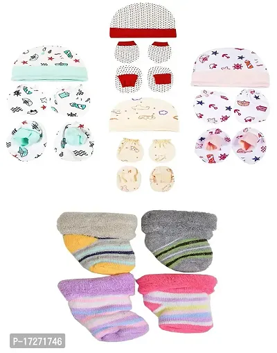 Gouravsumana New Born Baby Soft Cotton Mittens Booties Cap Socks Set (0-3 Months, Multicolor 8)