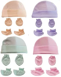 GOURAVSUMANA New Born Baby Cotton Cap Mittens Booties Set (Blue, Pink, Green, Peach; 0-3 Months) Pack of 4-thumb1