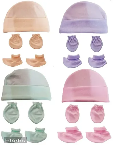 GOURAVSUMANA New Born Baby Cotton Cap Mittens Booties Set (Blue, Pink, Green, Peach; 0-3 Months) Pack of 4-thumb2