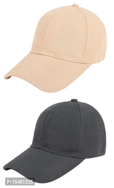 Zacharias Men's Polycotton Flexi Stretch Fit Closed Back Cap FC-01 (Beige-Dark-grey_Pack of 2) (Free Size)-thumb0