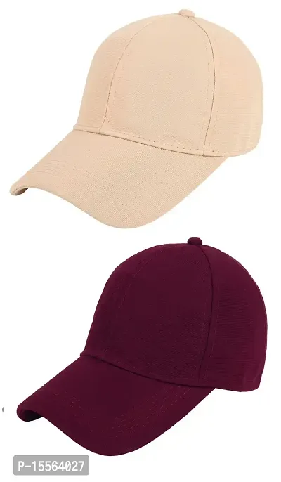 Zacharias Men's Polycotton Flexi Stretch Fit Closed Back Cap FC-01 (Beige-Maroon_Pack of 2) (Free Size)-thumb0