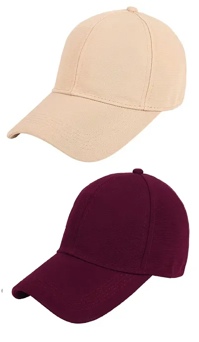 Zacharias Men's Polycotton Flexi Stretch Fit Closed Back Cap FC-01 (Beige-Maroon_Pack of 2) (Free Size)