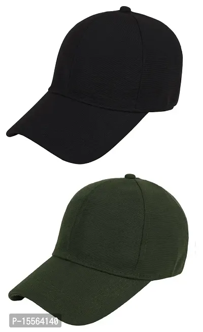 Zacharias Men's Polycotton Flexi Stretch Fit Closed Back Cap FC-01 (Black-Green_Pack of 2) (Free Size)