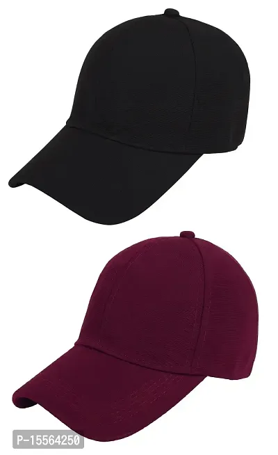 Zacharias Men's Polycotton Flexi Stretch Fit Closed Back Cap FC-01 (Black-Maroon_Pack of 2) (Free Size)