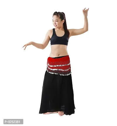 Krypmax Women's Chiffon Belly Dance Hip Scarf Waistband Belt Skirt with Silver Coins (Red)-thumb3