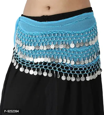 Krypmax Women's Chiffon Belly Dance Hip Scarf Waistband Belt Skirt with Silver Coins (Turquoise)-thumb0