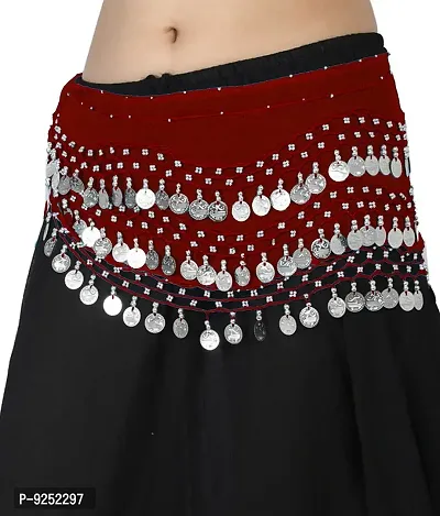 Krypmax Women's Chiffon Belly Dance Hip Scarf Waistband Belt Skirt with 130 Silver Coins (Maroon)