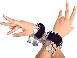 Krypmax Indian Dance Wear, Belly Dance Accessories Silver Coins Dancing Hand Bracelets (1 Pair) for Adult | Stage Performance Wear (Black)-thumb1