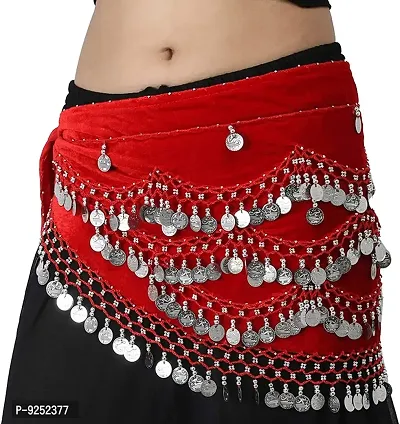 Krypmax Belly Dance Velvet Hip Scarf Waist Belt with Silver Coins for Women and Girls (Red)-thumb0