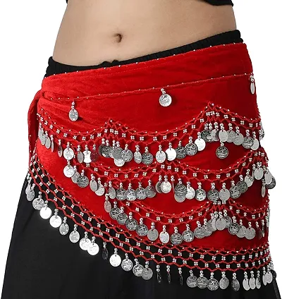Krypmax Belly Dance Velvet Hip Scarf Waist Belt with Silver Coins for Women and Girls (Red)
