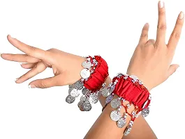 Krypmax Indian Dance Wear, Belly Dance Accessories Silver Coins Dancing Hand Bracelets (1 Pair) for Adult | Stage Performance Wear (Red)-thumb1