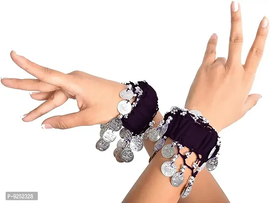 Krypmax Indian Dance Wear, Belly Dance Accessories Silver Coins Dancing Hand Bracelets (1 Pair) for Adult | Stage Performance Wear (Black)-thumb0