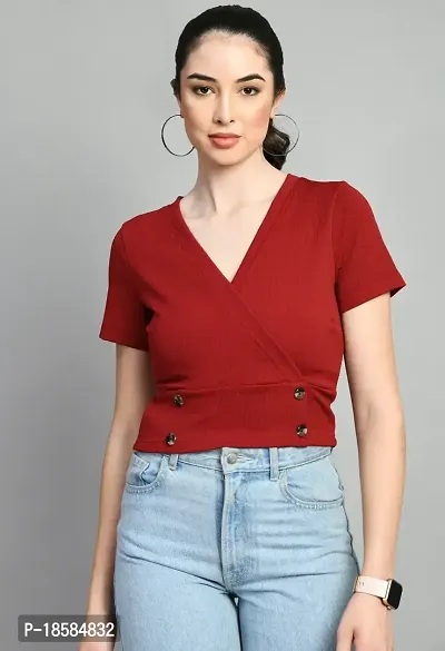 Elegant Red Polyester Solid Top For Women