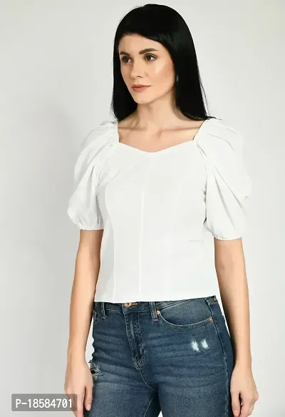 Elegant White Cotton Blend Solid Top For Women