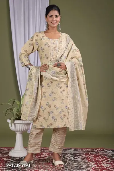 Stylish Beige Embroidered Rayon Kurta Bottom And Dupatta Set For Women