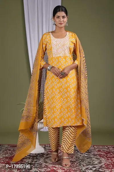 Stylish Yellow Embroidered Rayon Kurta Bottom And Dupatta Set For Women