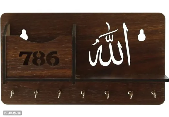 786 Allah Wall Mounted Handicraft Wooden Key Holder with 7 Hooks for House, Living Room, Bed Room, Home Office Decor