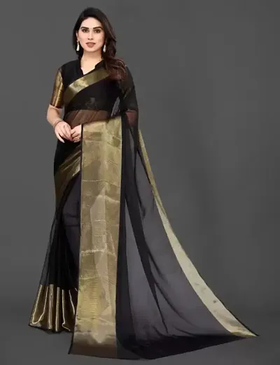 Trendy Solid Zari Patta Chiffon Sarees with Blouse piece