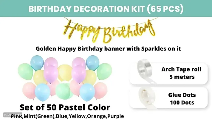 Classic 65 Pcs Decoration Happy Birthday Banner, Pastel Balloons, Glue Dots, Arch Tape-thumb2