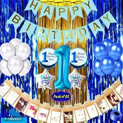 Baby boy First/1st Happy Birthday room/Wall Party Decorations Combo/Kit with Month Photo Frame Banner Pack blue color Theme (Pack Of 85) BLUE