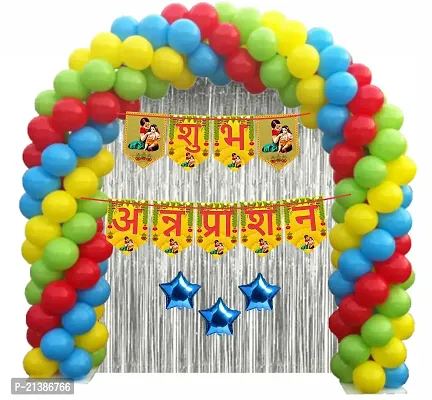 Naveen Decoration Annaprasanam Bunting Banner Hindi Font Shubh Annaprashan Yellow  Red Color Font/Rice Ceremony Decorations Items/Rice Ceremony kit (Pack of 56)-thumb0