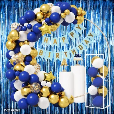Naveen Happy Birthday Decorations for Boys- Golden Banner, Blue Foil Curtain, Star Foil Balloons, Metallic Balloons -Decoration Items for Birthday Party, Birthday Decoration kit Combo-35 PCS
