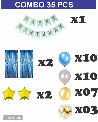 Naveen Happy Birthday Decorations for Boys- Golden Banner, Blue Foil Curtain, Star Foil Balloons, Metallic Balloons -Decoration Items for Birthday Party, Birthday Decoration kit Combo-35 PCS-thumb2