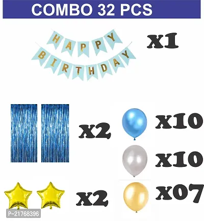 Naveen Happy Birthday Decorations for Boys- Golden Banner, Blue Foil Curtain, Star Foil Balloons, Metallic Balloons -Decoration Items for Birthday Party, Birthday Decoration kit Combo-32 PCS-thumb2